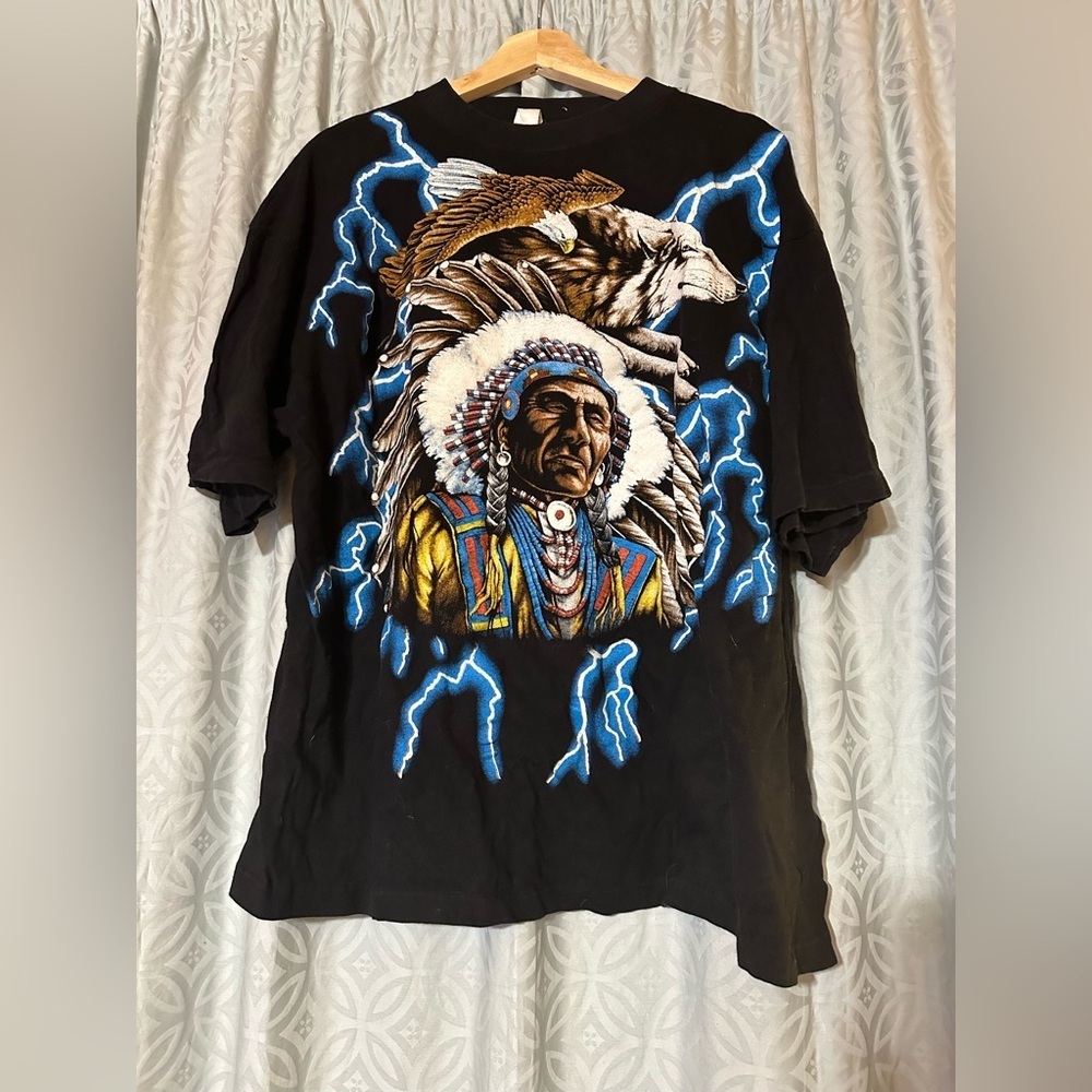 Vintage American Thunder Lightning T Shirt Eagle AOP 90s Men’s XL Indian Wolf